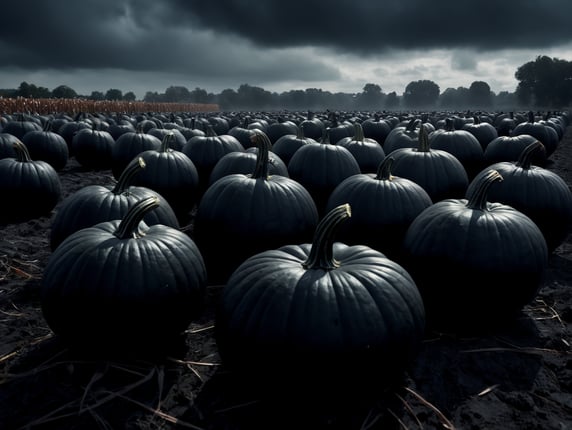 Black pumpkins in a spooky black field with dark clouds 8k Realistic 50 pumpkins in view Add a cornfield in the background More depth of field in the photo