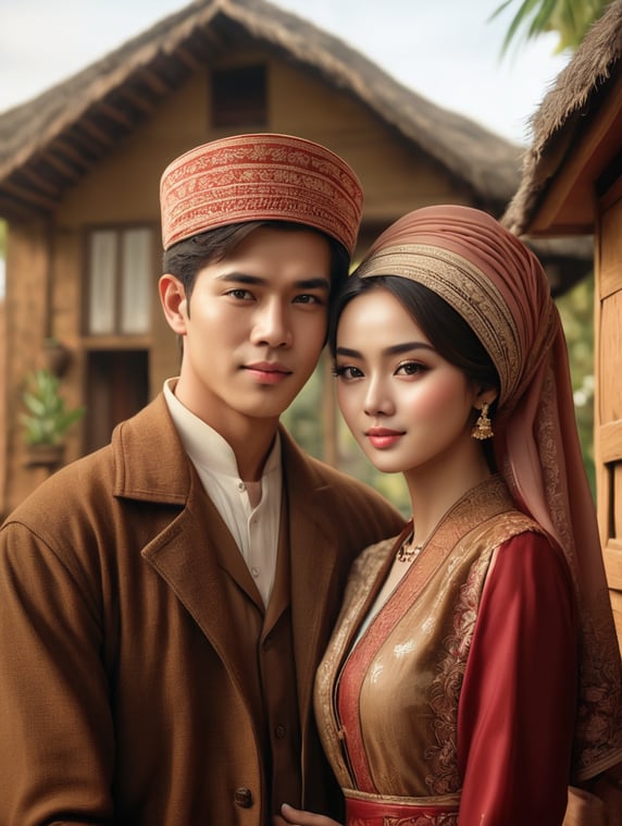 foto couple muda dengan busana cottage core,epic details, realistic, raytracing, photorealistic , Cinematic, Ultra HD, vintage, realistic human photo, ultra realistic, epic details, intricate details, Professional photography.