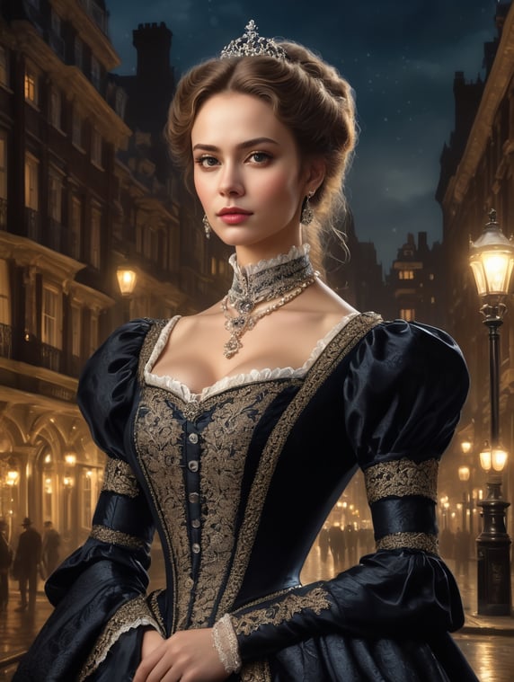 Detailed close-up portrait, front view, waist-high portrait of a handsome powerful 28-year-old woman in the image of an elegant aristocrat in a luxurious Victorian s clothes, in the background a night street of Victorian London, high detail, high contrast and clarity, octane rendering, book cover, concept art, artistic, 8k, photography, photorealism, dramatic, romantic, gothic, epic, cinematic lighting