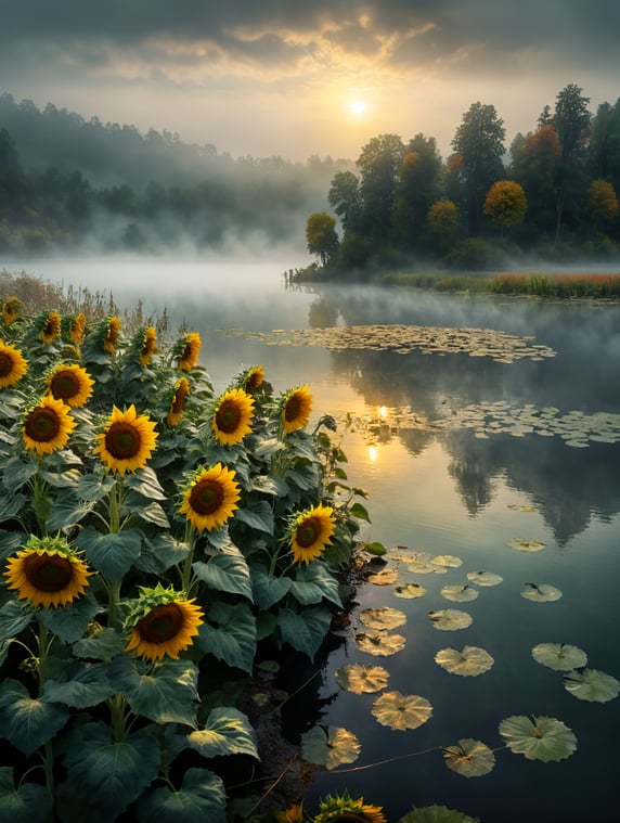 sunflowers around the lake in the fog