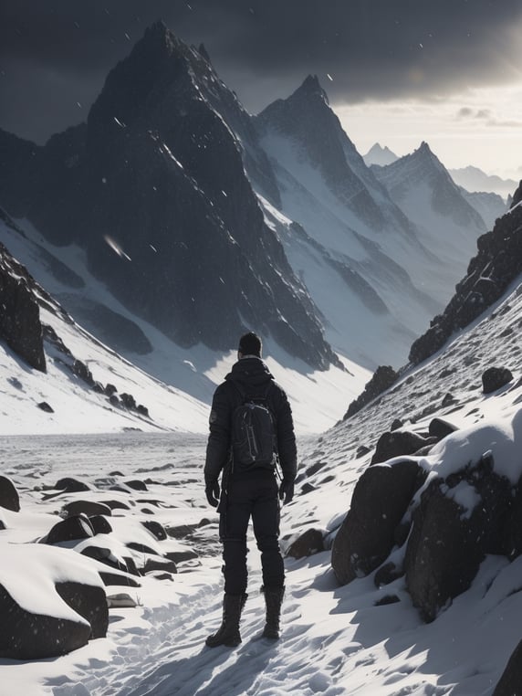 This artwork by George Wilson is a stunning drawing of a person standing in front of a snow-covered landscape of stones and sky.
