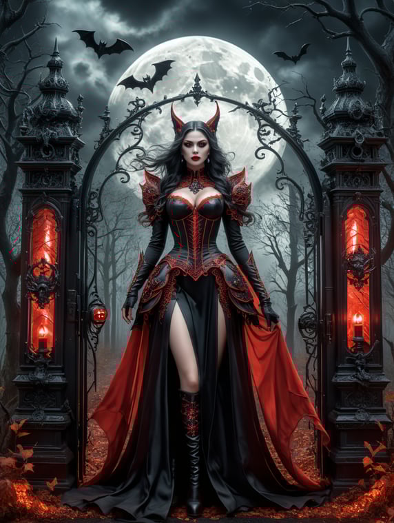 a witch & warlock rococo style dressed in red black white full body shot , the which has neon glowing eyes and she looks at her likeness into the magical chroma reflection mirrora mysterious haunted gate with bat ornaments to the graveyard standing tall in the distance, surrounded by a dense forest of creepy trees, bats in the air. The moon is partially obscured by dark, ominous clouds, casting an eerie glow over the scene, ultrarealistic in front , hyperdetailed fantasy photo with breathtaking intricate details, by WETA FX and industrial light and magic, intricate elaborate RTX enhanced CGI render by artist "american romanticism" -dramatic "film noir"" surreal dark black hues, surreal bright black colours , surreal dark white background,