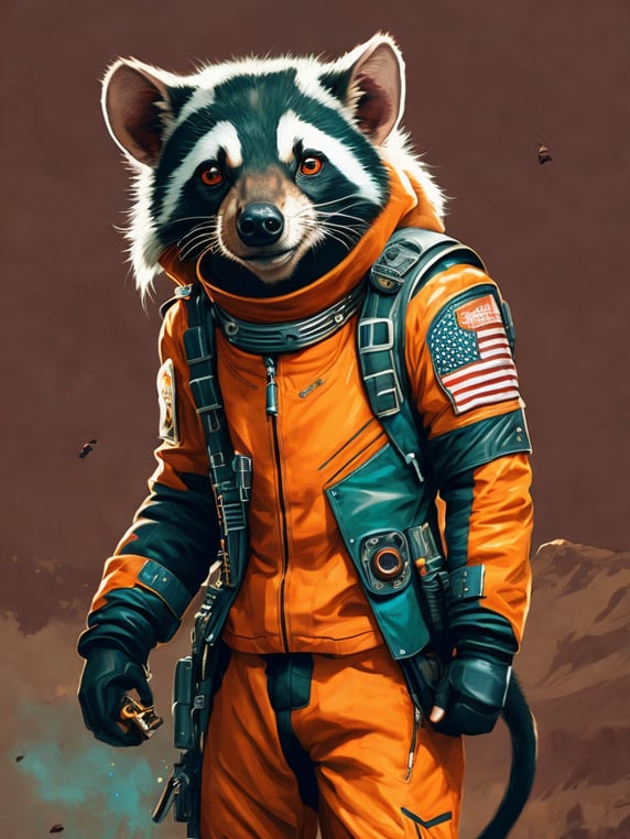 A Tasmanian devil like a Rocket Raccoon from Guardians of the Galaxy wearing astronaut costume on the Mars