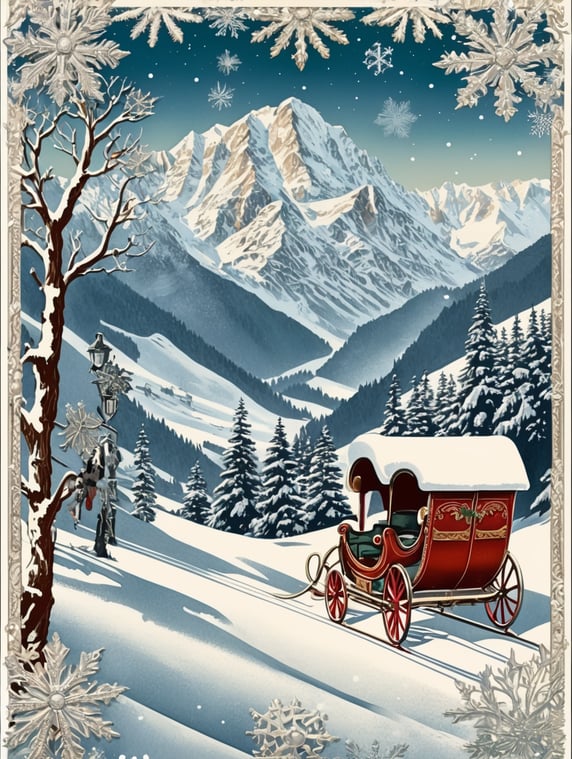 Yeti in a front of Austrian, Tyrol vintage Christmas postcard illustration brimming with nostalgic winter scenes, adorned with sleigh bells and delicate snowflakes