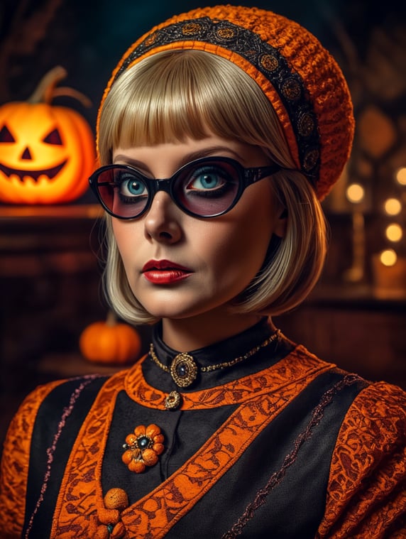 Twiggy in Halloween costume, retro style, 60s, Vivid saturated colors, Contrast color