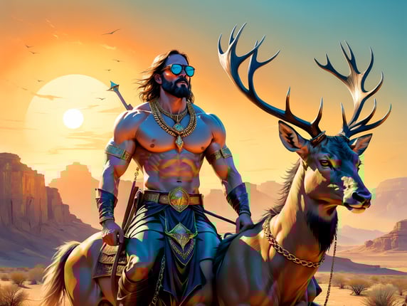 muscular jesus with sun glasses and gold chain around his neck riding on a deer in the desert