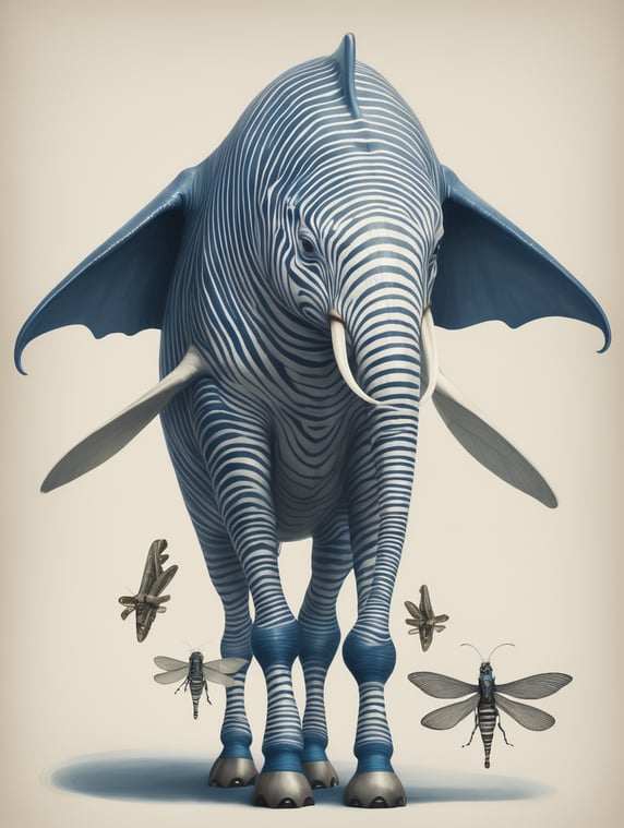 blue whale body with a fly head, zebra stripes and human legs, and tiny wings