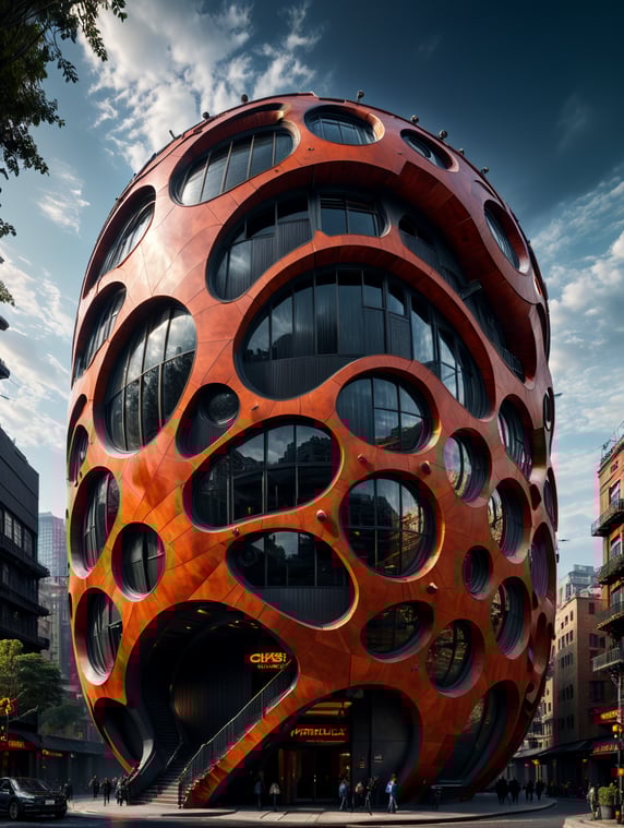 the craziest, bentwood, far view lens architectural modern style hyper realistic hyper detailed neocosmic exterior architecture design of a wasp Fluid complex facade, geometric shapes spectrum, black::1 red:3, Antoine Blanchard architecture art style, in new York city, dramatic ambient, natural lighting