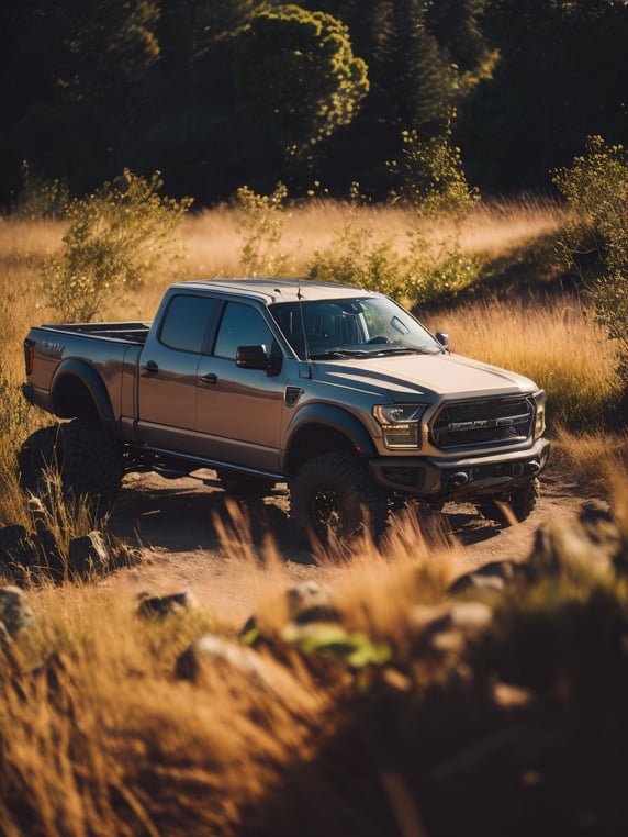 Sturdy pickup truck, captured in a dramatic golden hour light with deep shadows, off-roading, rugged, dramatic, high resolution