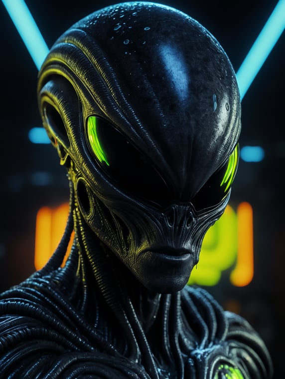 Alien made of black alien liquid, translucent with neon lights, liquid dripping, dark atmosphere