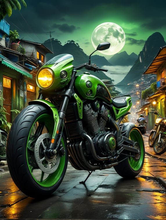 create an image of a futuristic design motorcycle, with black wheels, green spokes, inspired by the alien film, robust, where it is on the street under the moonlight, with an extra-terrestrial biker driving, under a futuristic setting in the favelas of Rio de Janeiro , in the middle of a shootout
