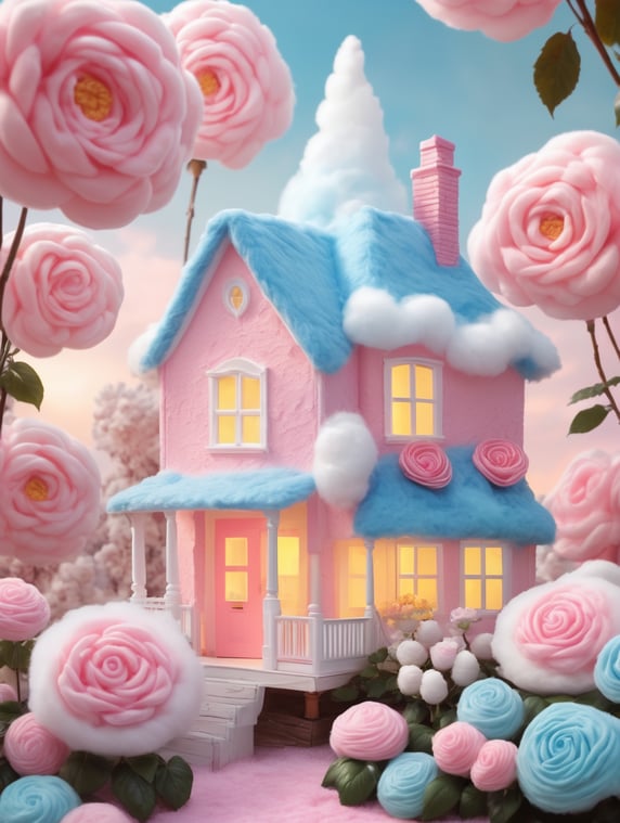 Creating a lovely little house made of cotton candy. Colors: pink, rose, white, yellow, and blue. In the background, giant roses in white, adding a touch of magic and coziness.