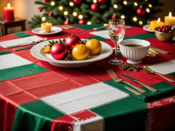 colorful tablecloth for christmas, decoration for party, zoom shot, christmas party, decorative elements, tableware, christmas decoration