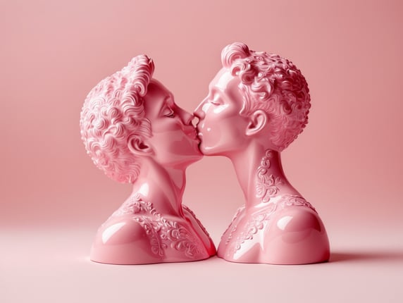 Kiss Art: Two pink glazed ceramic single color figures kissing each other, isolated, pink background