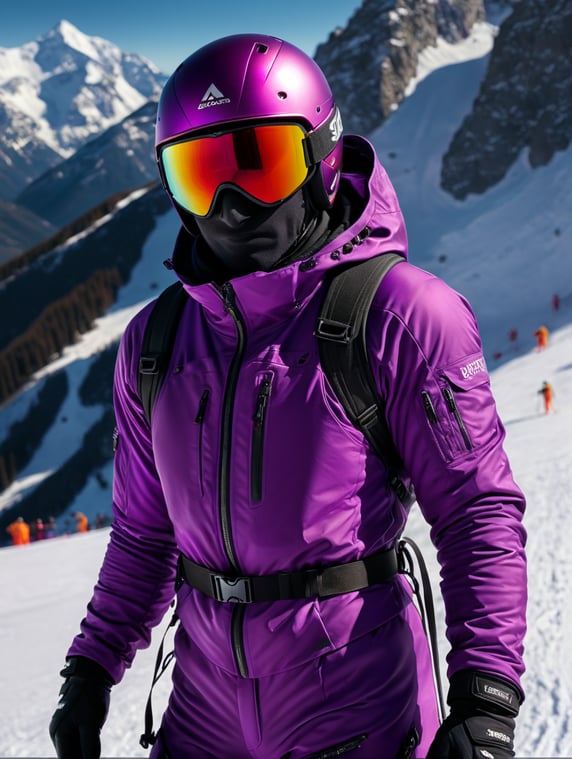 bright violet color, ski suit, commercial shoot, subject photography