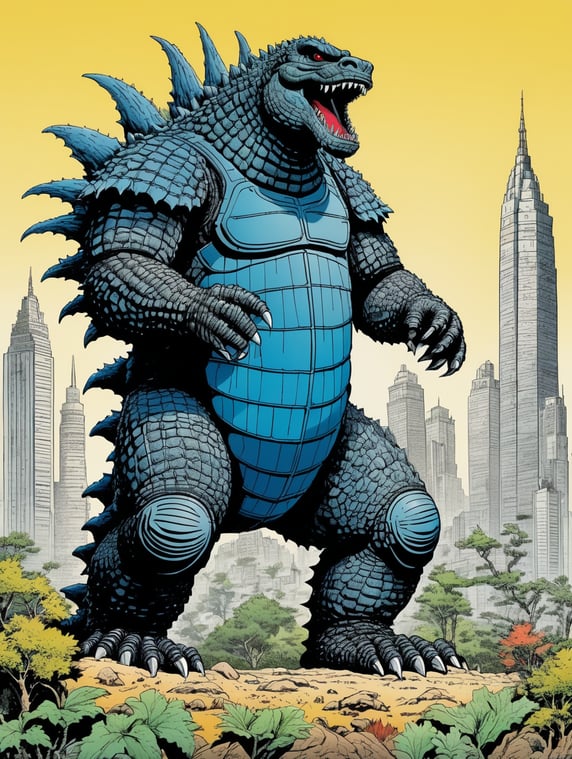 Detailed pen and ink illustration of a godzilla, detailed anthropology, minimalist background, by herge, in the style of tin-tin comics, colorful, detailed, high quality