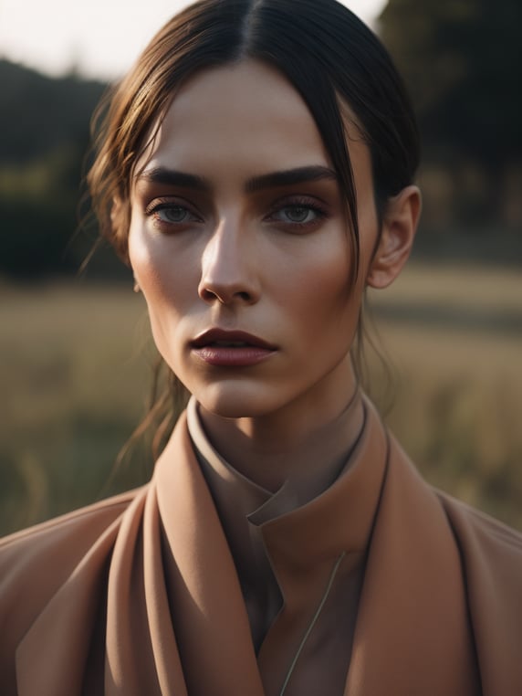 Vogue italia magazine walking outdoors. ultra hd! editorial, rick owens model, warm muted earth-toned colors. bright daylight. lots of bright cold day light, hyperrealistic surrealism, award winning masterpiece with incredible details. no artifacts. extremely detailed. stark. refraction. shallow depth of field. volumetric light and shadow. ray tracing. light rays.