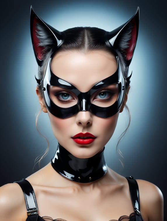 Front portrait photography, transparent dark plexiglass printed with dots colors cat woman mask, an attractive, 80 degree view, art by sergio lopez, natalie shau, james jean and salvador dali