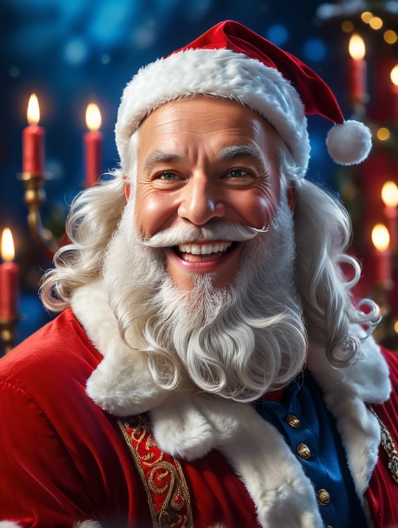 Portrait of Santa Claus smiling, whimsical facial expression, flowing white beard, jolly caricature, saturated colors, red outfit, sharp focus, portrait photography, depth of field, dramatic candlelit lighting, incredibly high detailed, blue background, blurred background,