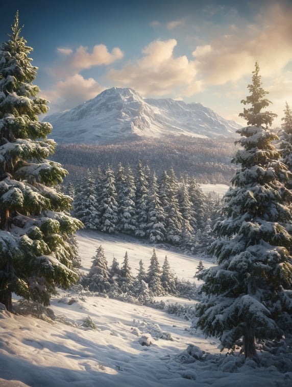 a landscape showing a field of snow with pine trees and holly berries in the foreground in the theme of the Christmas holiday, depth of field, bright and saturated colors, highly detailed.