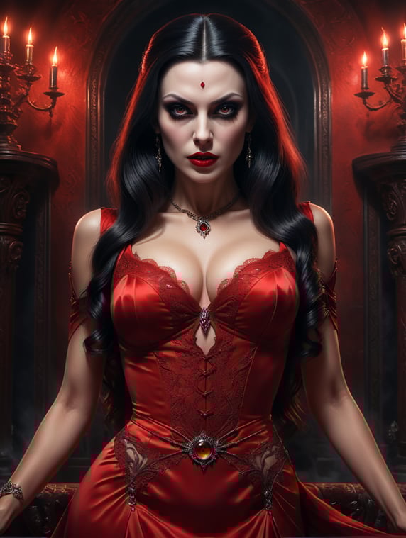 Vampira, alluring, femme fatalle, stunning vampiress, evil eyes, hypnotic gaze,red dress