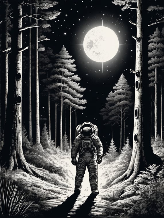 detailed vintage sketch art astronaut in a the woods a night with a ufo flying above beaming ray of light