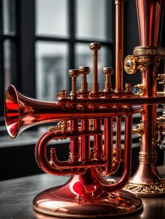 musical trumpet sculpture, transparent red glass body, used copper pistons, steampunk style, highly detailed, indoor light, dark background, sofisticated