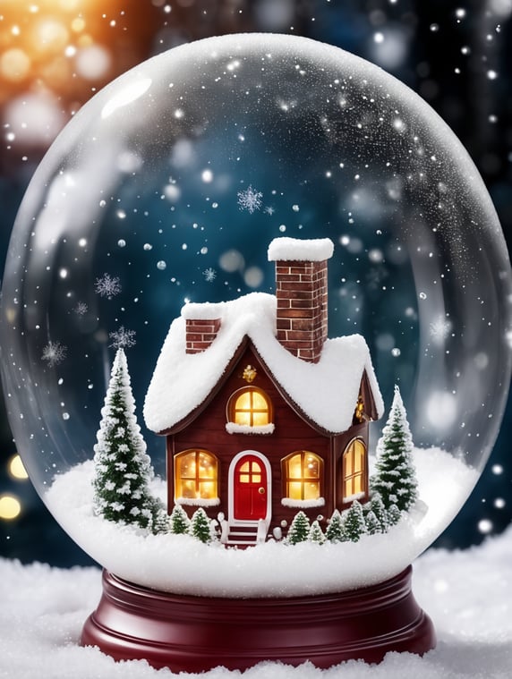 Christmas transparent ball with falling snow and fairy house
