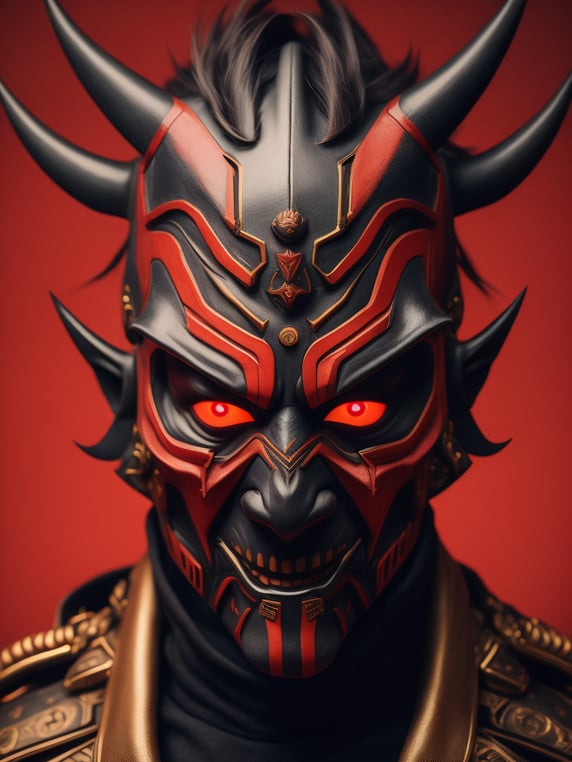 The hannya Samurai cyberpunk porcelain mask, fashion photoshoot, liquid red background