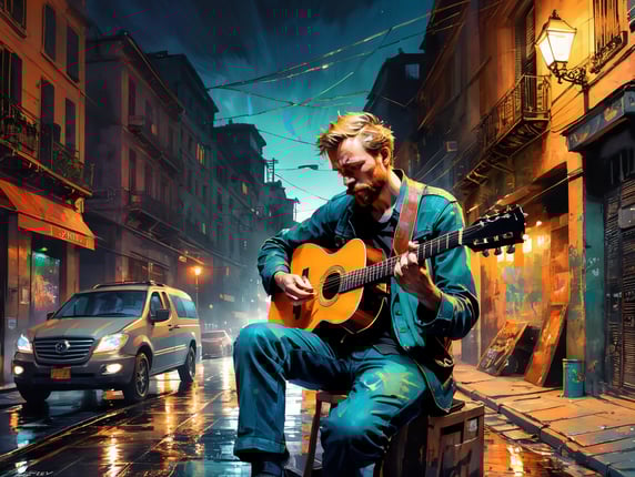 a Van Gogh painting where the guy plays the guitar on a dark empty street, dark noisy painting