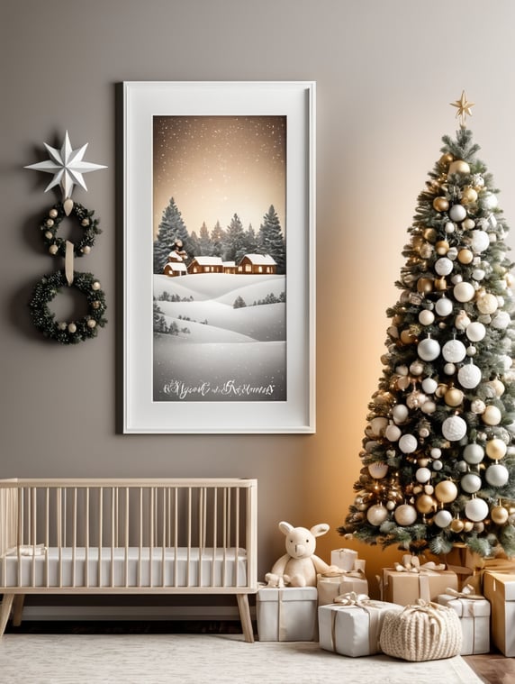 vertical frame wall mockup, nursery with christmas decorations, neutral colors and christmas lights