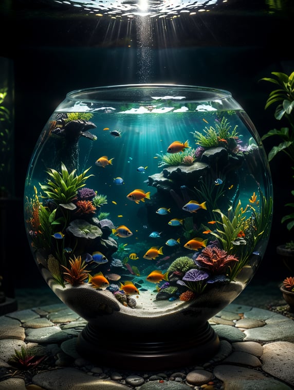 A round fish bowl with very bright tropical fish feeding. A home background