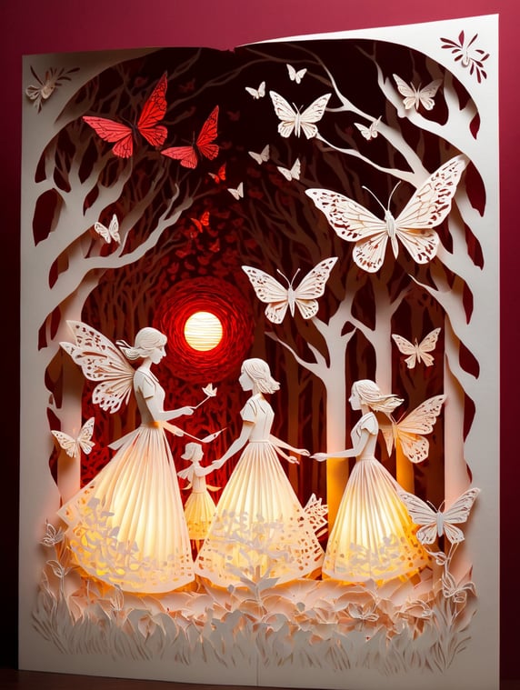 Paper cut scene, paper cut girl in the foreground, red lighting behind her, mystical atmosphere, paper cut butterflies flying around