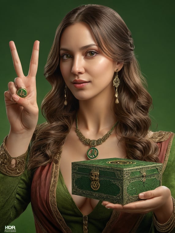 her, showing a box, other hand - a peace sign, green background
