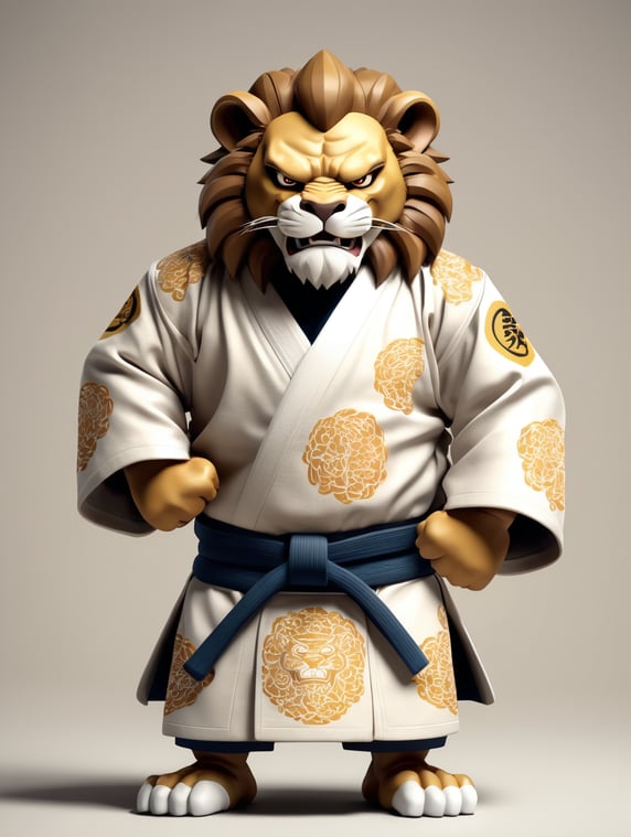 humanoid cartoon lion in judo kimono stay in action pose and angry face