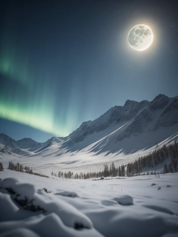 Ethereal aurora borealis over a snowy mountain range, with a full moon shining in the background, mystical, peaceful, serene, winter landscape, high detail