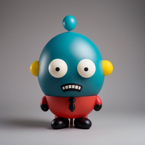 Vinyl toy character in the shape of a balloon with a big ugly head but with a tender face and inspired by David Lynch's films with opaque colors; Vinil toy de personaje en forma de globo con cabeza grande feo pero con rostro tierno y inspirado en las películas de David Lynch con colores opacos