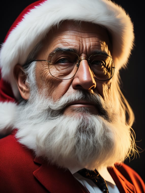 Portrait of Santa Claus, bright and saturated colors, elegant, highly detailed, vogue, fashion magazine, sharp focus, bright expressive makeup, dramatic lighting, depth of field, incredibly high detailed, blurred background