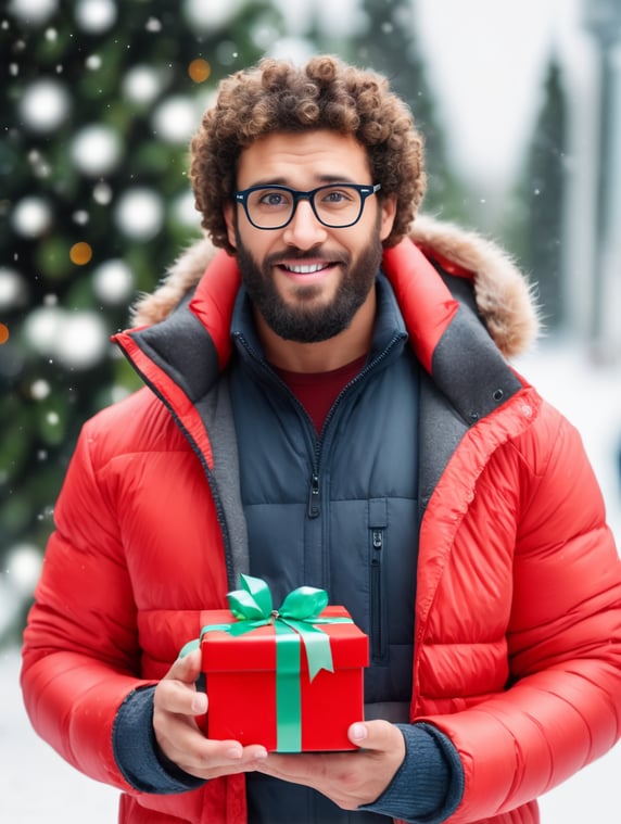 portrait of a bearded curly man wearing red puffer jacket, reeding glasses, stands front camera with gift box his hand, snowy weather, Christmas time, blurry background