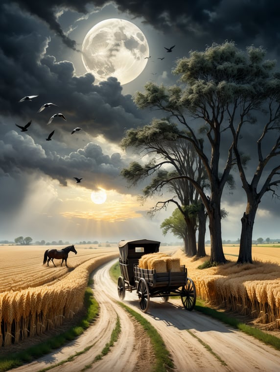 A hurricane wind along the road going into the distance bends black trees growing in a field of wheat, along the road a horse carries an old wooden cart with gray bags of grain on which white birds sit, crows and white doves fly in the cloudy sky, the moon is shining, the sun is rising, illuminating the field with rays, impressionism, impasto, fantasy,