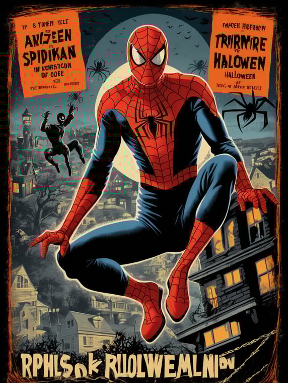1950's b-movie horror halloween t-shirt print design featuring SPIDERMAN