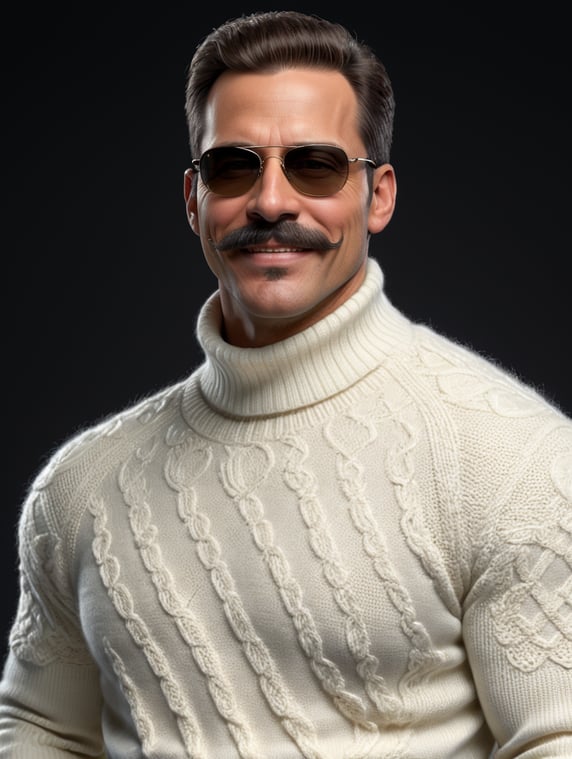 40 year old man with mustache, winking smile, dark hair, sunglasses. Dressed in a white turtleneck sweater. Over the sweater he has a sheepskin with a fur collar.; Uomo di 40 anni con i baffi, sorriso ammiccante, capelli scuri, occhiali da sole. Vestito con un maglione a collo alto bianco. Sopra al maglione ha un montone con il colletto con il pelo.