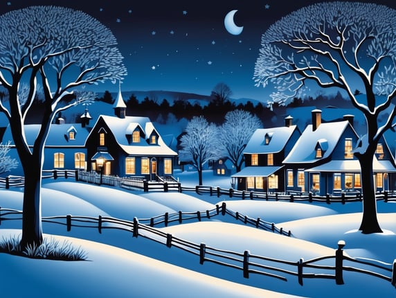 A night winter scene in an American village in the 19th century in the style of christmas plates, using only 5 different shades of blue