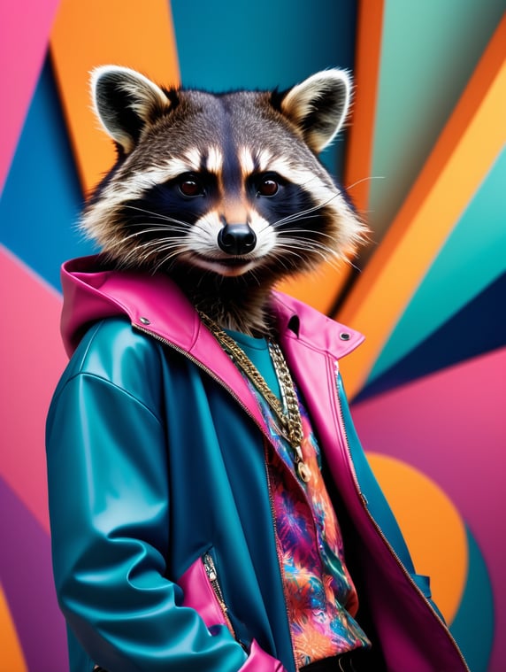 Vogue magazine cover, racoon in a candid pose wearing [clothes], [half body full body] photoshoot, magazine photoshoot, studio lighting, creative trippy aesthetic background, modern look