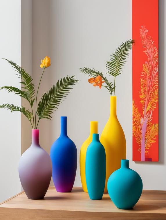 A series of 3 minimalist silicone vases with vibrant colors inspired by Renaissance art and street art; Una serie de 3 jarrones de silicon minimalistas con colores vibrantes inspirados en el arte renacentista y el street art