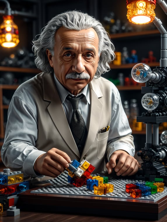 Albert Einstein in a lab with some lego bricks on the table