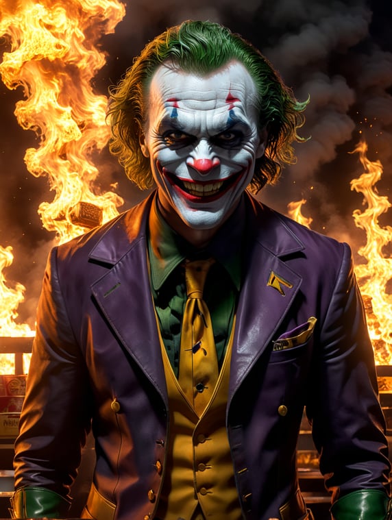 Joker dressed like Ronald McDoanld smiling creepily, McDonalds restaurant burning behind his back