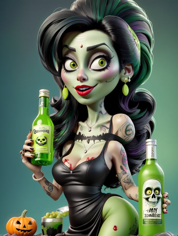 Amy Winehouse as a skinny zombie, wearing sexy Halloween costume, Vivid saturated colors, green and black colors, holding a bottle of vodka, Contrast color