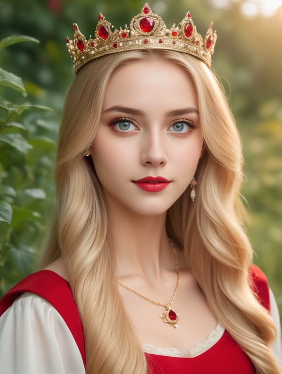 look at camera portrait with long blonde hair and charming eyes, a Victoria's Sean attractive Facecret mode, Princess red skirt, wear a crown, y2k aesthetic, Portrait photo of whole personlight nature, high-quality 4K, lifelike portrayal.