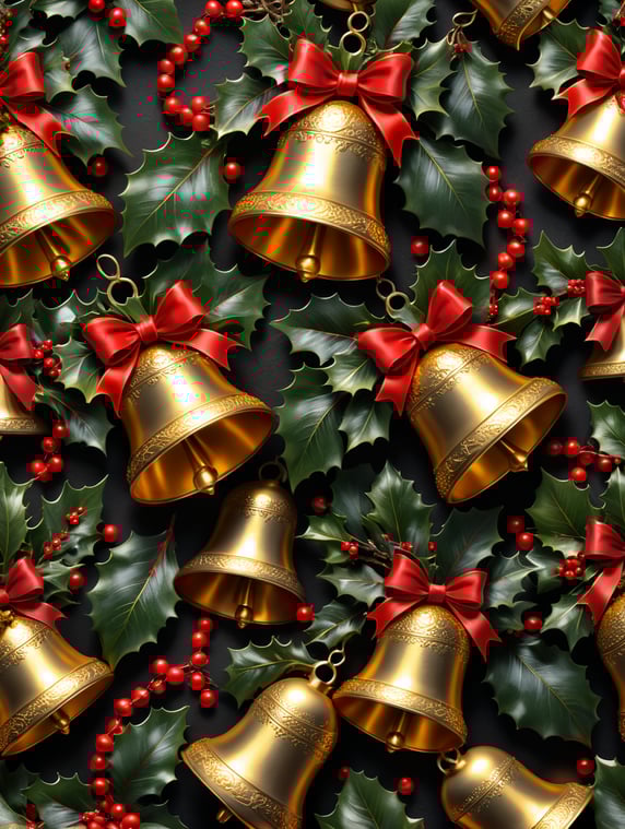 Backgrounds: A pattern of golden bells, holly leaves, and red bows, exuding a classic and festive ambiance, perfect for holiday-themed printables.